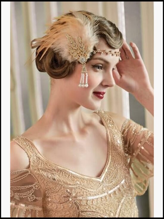 Art Deco Feather Headband with Pearl Tassels Gold Crystal Embellished Adjustable main image 4